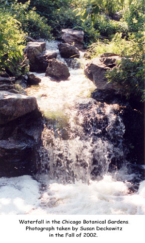 Waterfall in the Chicago Botanical Gardens. Photograph taken by Susan Deckowitz in the Fall of 2002.